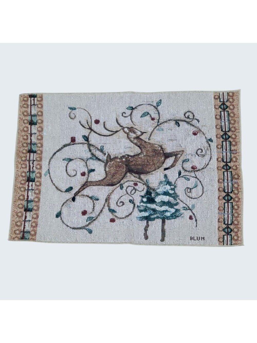 Leaping Deer Placemat Cheri Blum Whimsical Scrollwork Vines Evergreen Tree